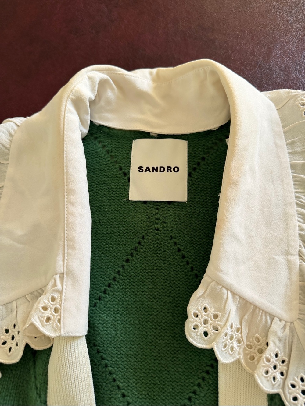 Sandro Green Knit Sleeveless Cardigan Vest with Cream Trim and Eyelet Collar - Picture 3 of 3